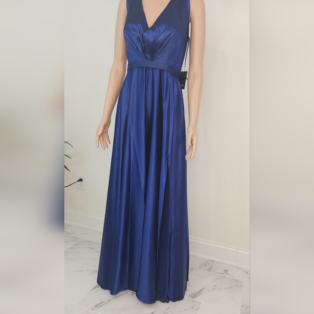 marina deep v belted stretched charmeuse gown - Picture 11 of 15